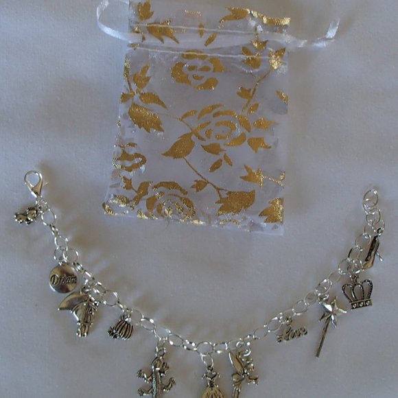 Cinderella Fairy Tale Theme Charm Bracelet Handcrafted + Organza Roses Gift Bag - Picture 5 of 11